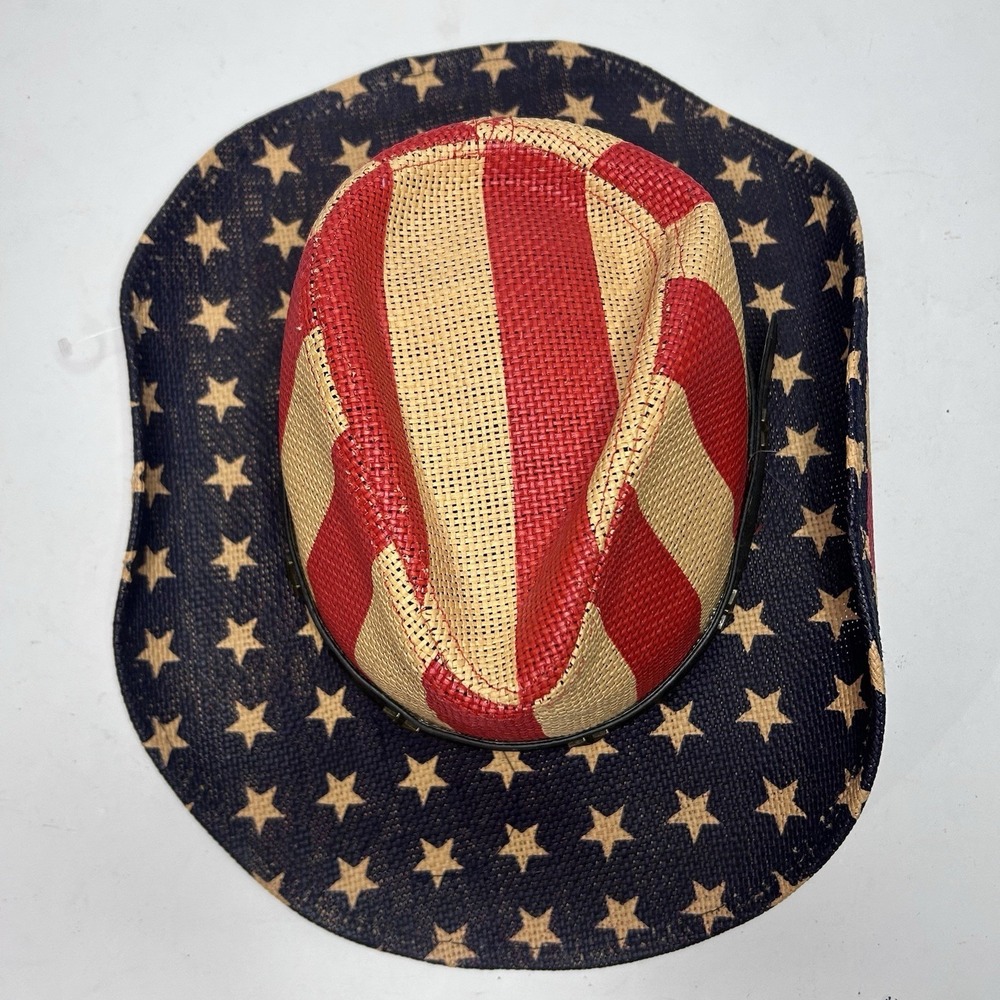 Vintage A&O Patriotic Sunwear USA  American Flag Woven Cowboy Straw Hat OSFM